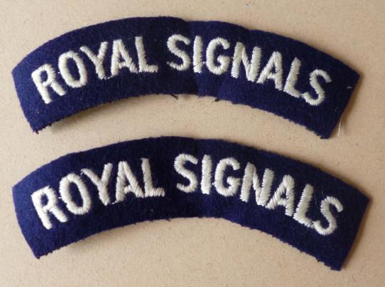 Pair of Royal Corps of Signals 'Royal Signals' machine-embroidered cloth shoulder titles.