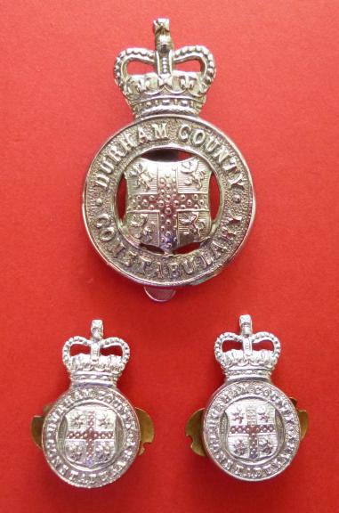 Durham County Constabulary (Queen's crown) Cap Badge and matching pair of Collar Badges.