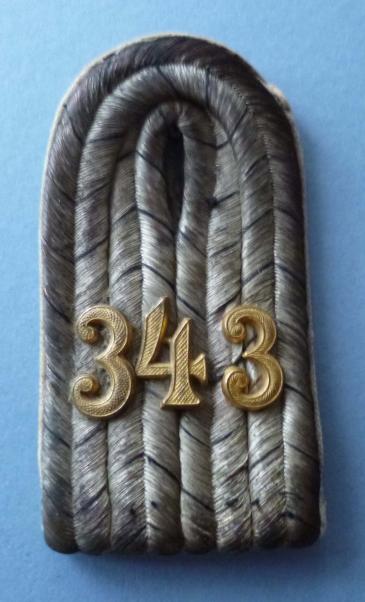 Imperial ; German Imperial Army Leutnant's Single Slip-on Epaulette of Infanterie-Regiment 343.
