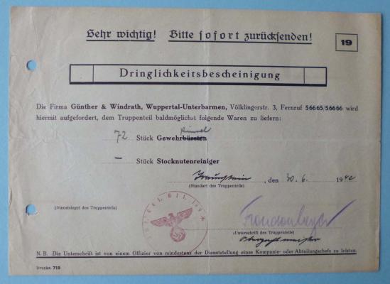 Third Reich : Dringlichkeitsbescheinigung (Urgent Requisition Form) for Rifle-cleaning Items.