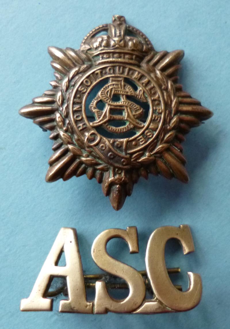 Army Service Corps (ASC) King's crown Cap-badge together with 