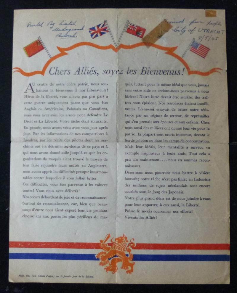 Leaflet Printed by the Dutch Underground Welcoming Allied Liberators