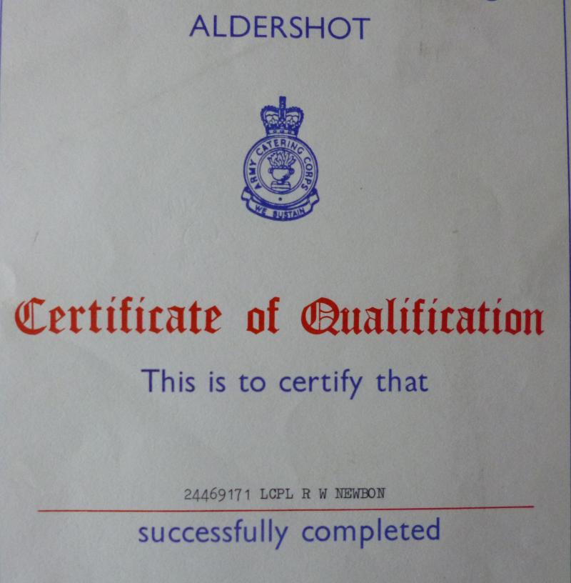Army School of Catering Aldershot Certificate of Qualification.
