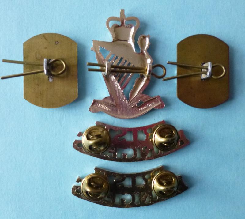 Set of Royal Irish Rangers Staybrite Cap-badge, Collar-badges and Shoulder-titles.