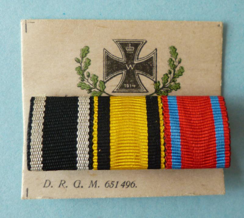 Imperial : German WW1 Württemberg Medal-ribbon Bar withThree Ribbons on Original Sales Presentation Display Card.
