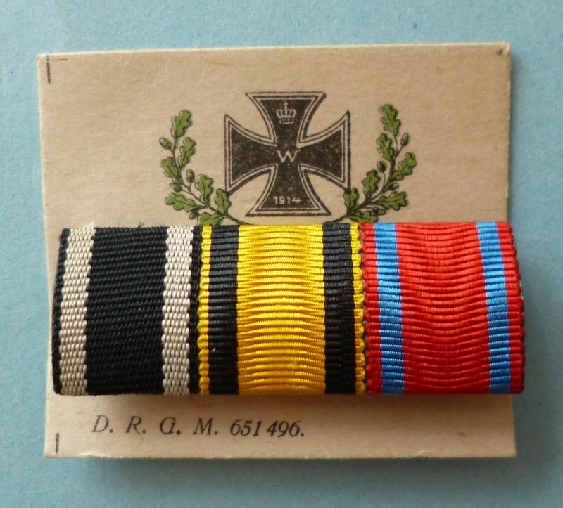 Imperial : German WW1 Württemberg Medal-ribbon Bar withThree Ribbons on Original Sales Presentation Display Card.